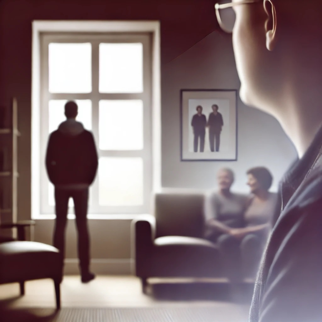 Scene depicting a man standing alone in a room, looking out of a window, deep into reflection of life